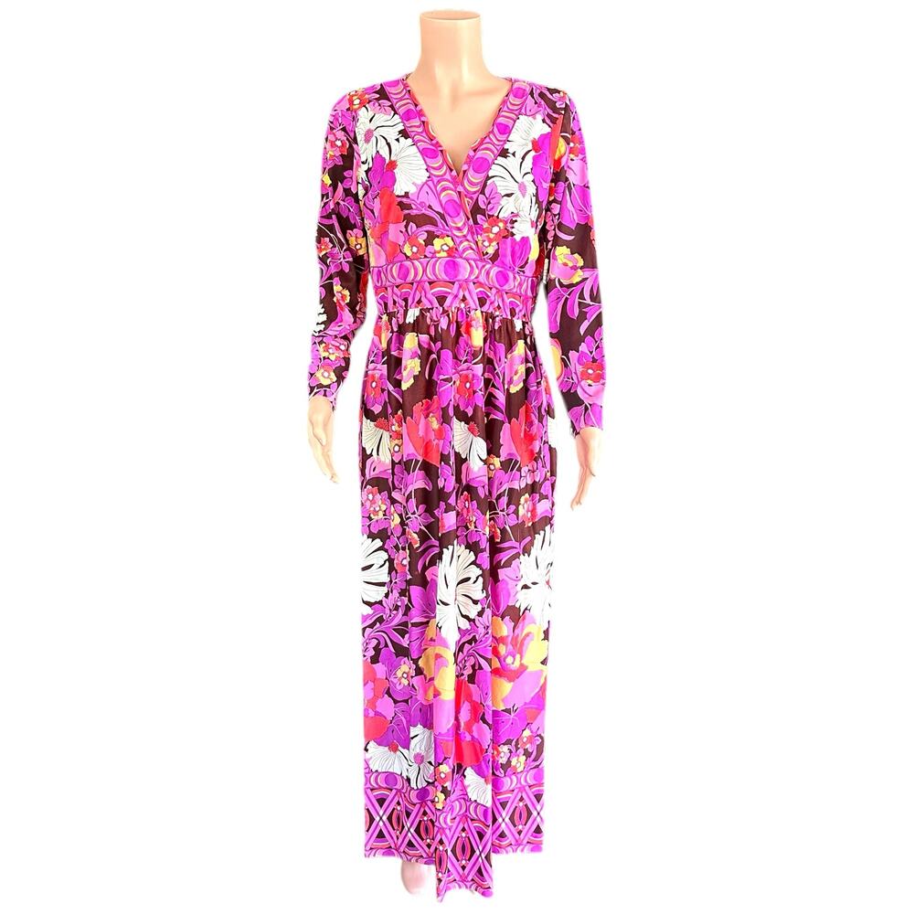 Vintage 60s 70s Psychedelic Mod Style Pink Mod Flower Maxi Dress Hostess Gown